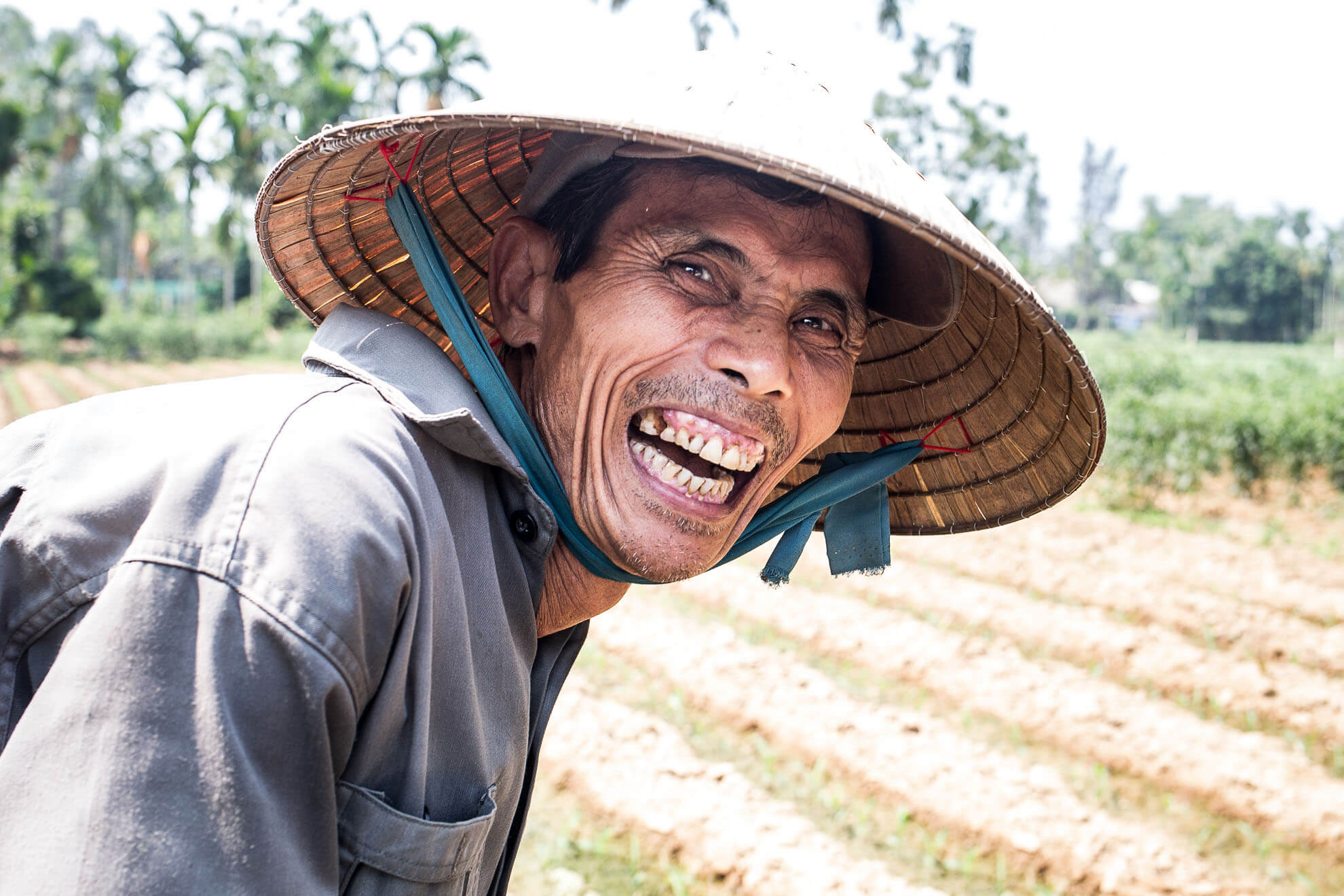 Un homme asiatique portant un chapeau de paille dans un champ vietnamien.