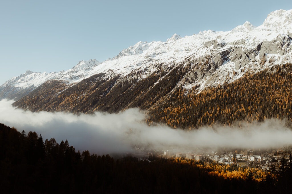 A Brorrick mountain range with trees in the foreground.