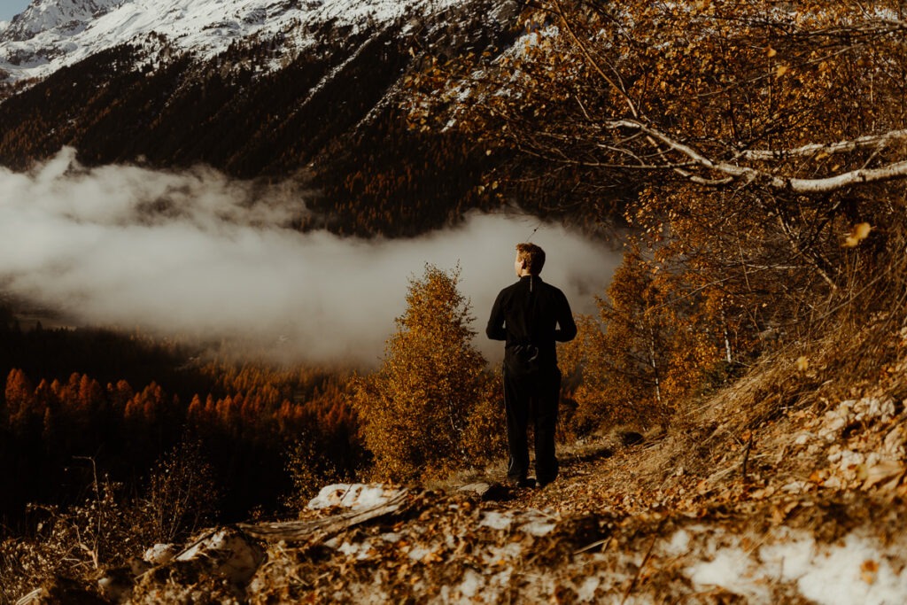 A Brorrick positioned atop a mountain with clouds in the background.
